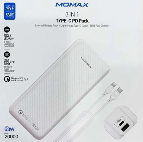 Momax - VPD0040 - 3 in 1 Type-C PD pack External Battery Pack + Lightning to Type-C Cable+USB Fast charger - 20000 mAh- White