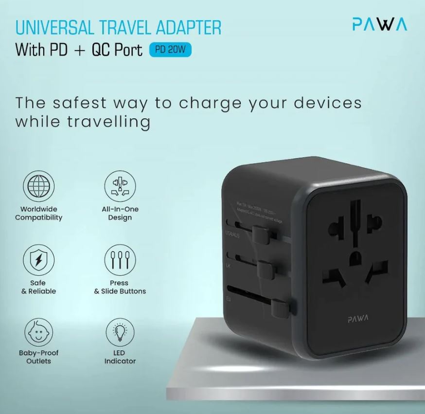 Pawa-PW-UTA2024-BK,Pawa Universal Travel Adapter With PD + QC port 20W,Black