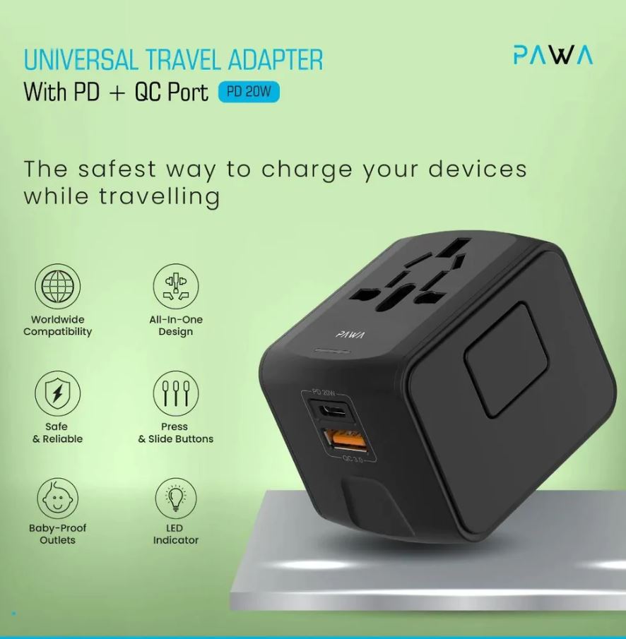 Pawa-PW-UTA2024-BK,Pawa Universal Travel Adapter With PD + QC port 20W,Black