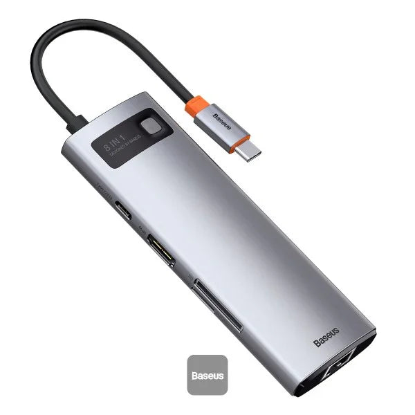 BASEUS | CAHUB-CV0G | موزع 8W1 من سلسلة Metal Gleam، USB-C يدعم 3 منافذ USB 3.0 + HDMI + USB-C Pd + Ethernet Rj45 + بطاقة Micro SD/SD