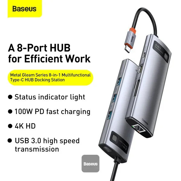 BASEUS | CAHUB-CV0G | Hub 8W1 Metal Gleam Series, Usb-C Do 3X Usb 3.0 + Hdmi + Usb-C Pd + Ethernet Rj45 + Micro SD/SD