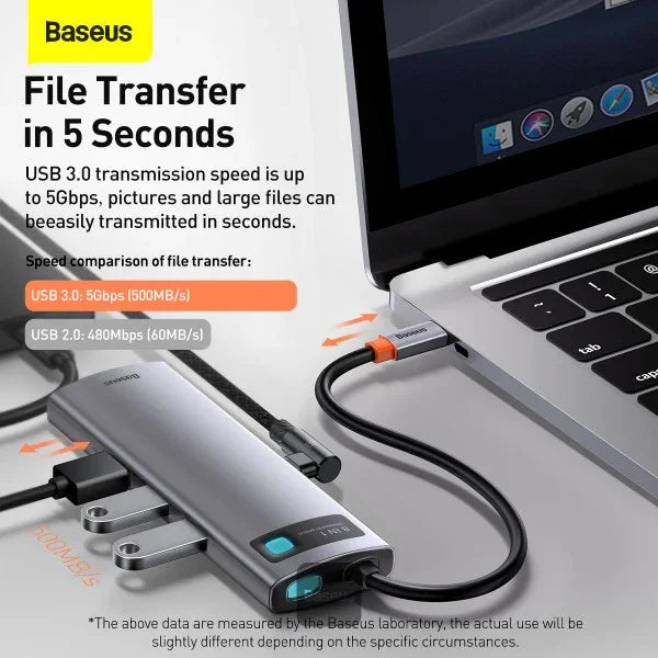 BASEUS | CAHUB-CV0G | Hub 8W1 Metal Gleam Series, Usb-C Do 3X Usb 3.0 + Hdmi + Usb-C Pd + Ethernet Rj45 + Micro SD/SD