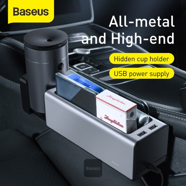 BASEUS | CRCWH-A05S | Deluxe Metal Armrest Console Organizer + Dual Usb Power Supply | Silver