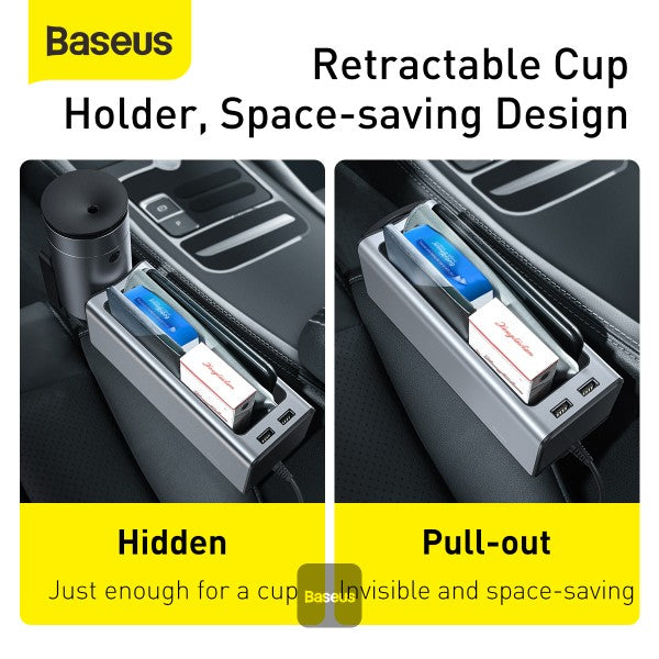 BASEUS | CRCWH-A05S | Deluxe Metal Armrest Console Organizer + Dual Usb Power Supply | Silver