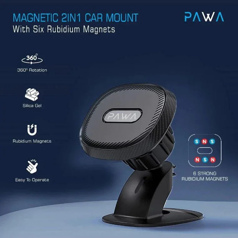 Pawa - PW-CH216RM-BK، حامل سيارة مغناطيسي 2 في 1 من Pawa بستة مغناطيسات من الروبيديوم، أسود