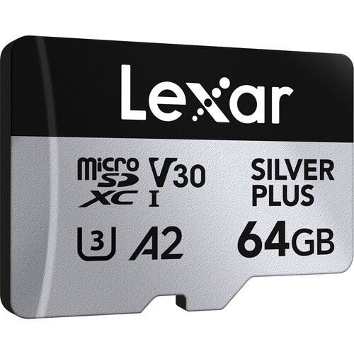 64GB Lexar® Professional SILVER PLUS microSDXC™ UHS-I cards, up to 205MB/s read 100MB/s write C10 V30 U3
