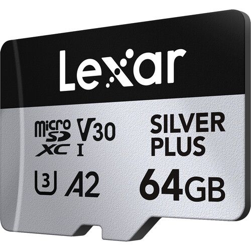 64GB Lexar® Professional SILVER PLUS microSDXC™ UHS-I cards, up to 205MB/s read 100MB/s write C10 V30 U3