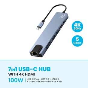 PW-TCHUB714 , Pawa 7In1 USB-C HUB With 4K HDMI 100W