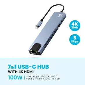 PW-TCHUB714 , Pawa 7In1 USB-C HUB With 4K HDMI 100W