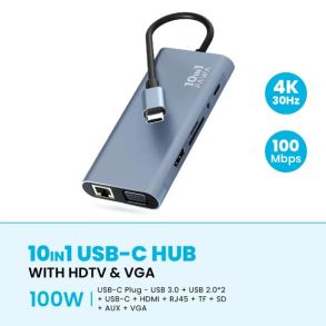 Pawa 10 IN 1 USB-C Hub With HDTV & VGA 100W Usb 3.0*2 +CDATA+HDMI+PD+LAN+SD+TF (PW-TCHUB101)