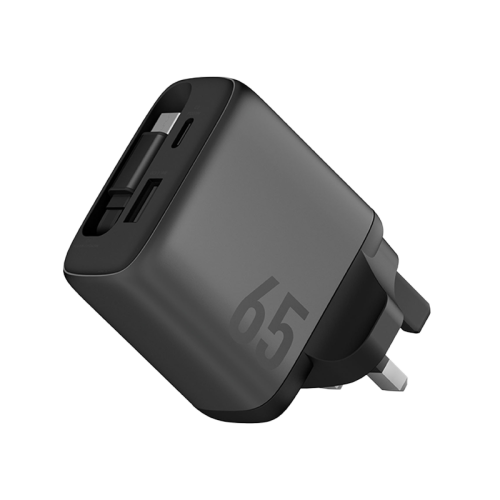 CHR-AC-ARC65UK | ENERGEA Ampcharge | Arc 65 PD/PDS/Qc3.0 Gan Wall Charger With Retractable Cable | 65W ( UK ) | Gunmetal - GulfStore.com