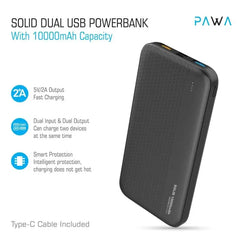 Pawa -"PW-PB2410SL-BK,Pawa Solid Dual USB powerbank with 10000mAh Capacity ,Black" - GulfStore.com