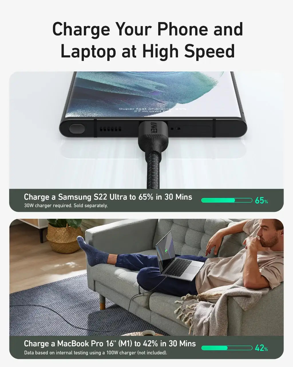 Anker 543 USB-C to USB-C 100W (Bio-Nylon) (1.8m/6ft) A80F6H11 - Black - GulfStore.com