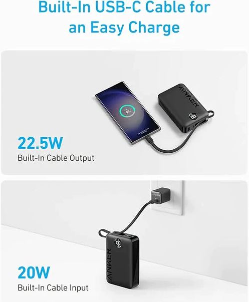 Anker 335 Power Bank (20K 22.5W PD, Built-In USB-C Cable) -Black [A1647H11]