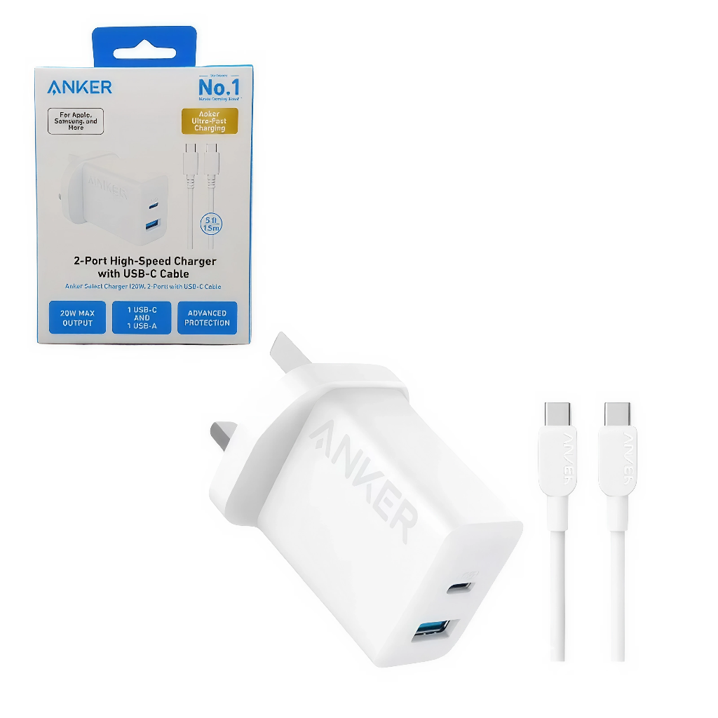 B2348K21 Anker Charger 20W 2-Port USB-C Cable 5ft White