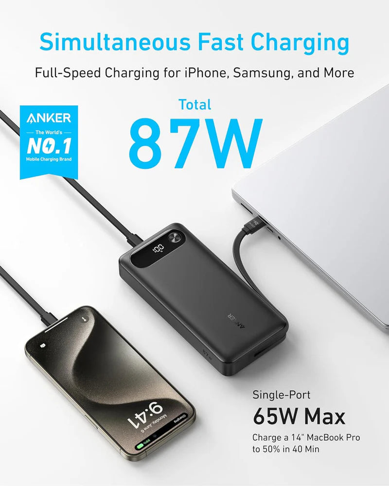 A1383H11 Anker Power Bank (20K، 87W، كابل USB-C مدمج) - أسود