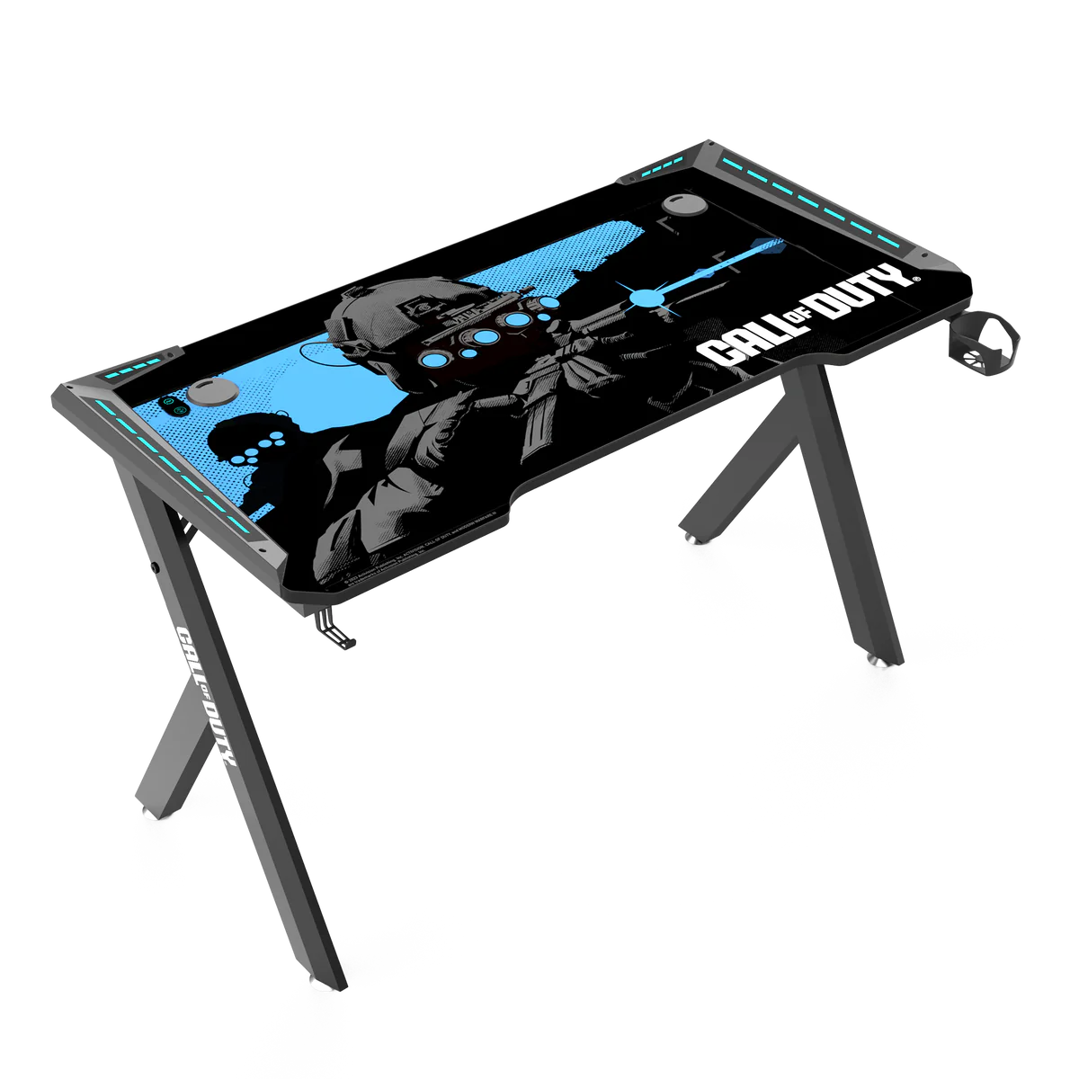 Call Of Duty (COD) x GAMEON Hawksbill Series RGB Flowing Light Gaming Desk (Size: 1200-600-720mm) With (800*300*3mm - Mouse pad), Headphone Hook & Cup Holder - Black/Blue