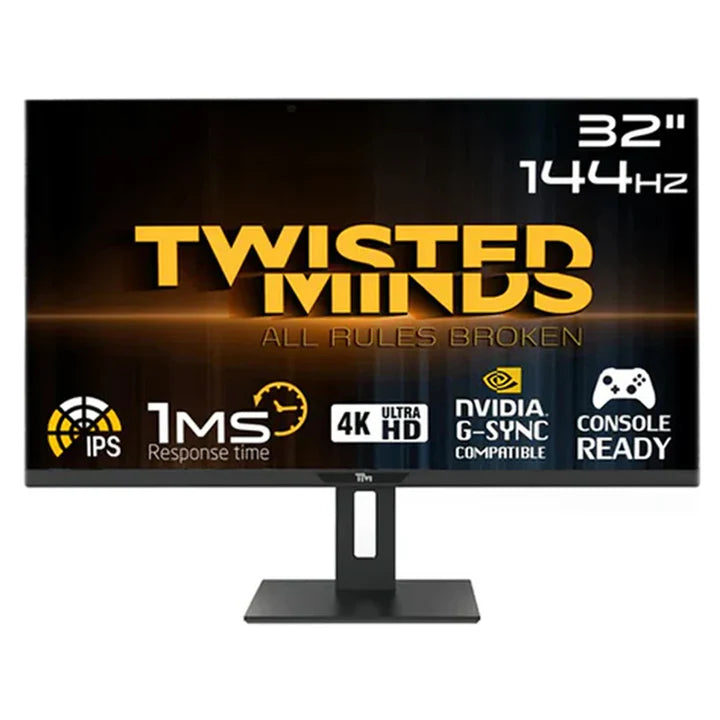 شاشة ألعاب Twisted Minds UHD مقاس 32 بوصة، بدقة 4K، ومعدل تحديث 144 هرتز، ووقت استجابة 1 مللي ثانية، ومنفذ HDMI 2.1، ولوحة IPS