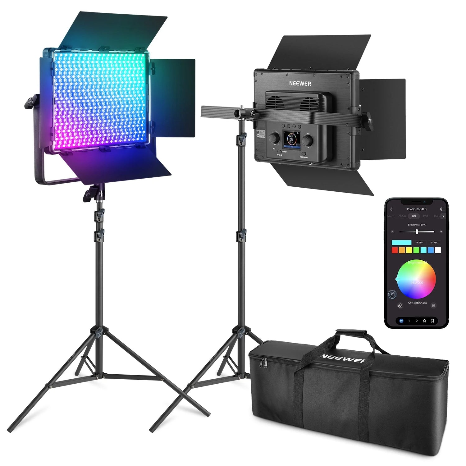 Neewer 2×PL60C VIDEO LIGHT+2×200CM LIGHT STAND+BAG (EU)