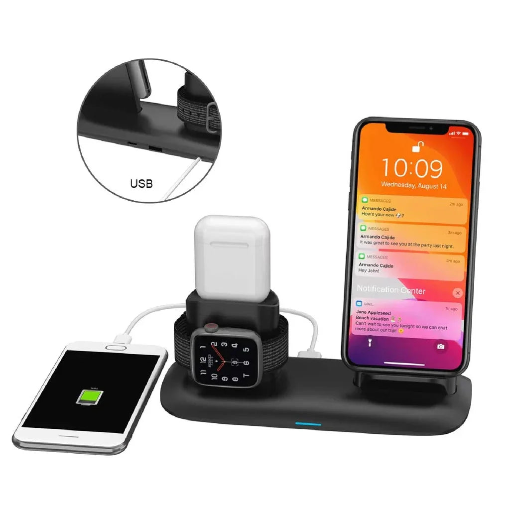 محطة شحن 4 في 1 من بورودو بقوة 7.5 واط/10 واط لأجهزة iPhone / Apple Watch / Airpods - أسود