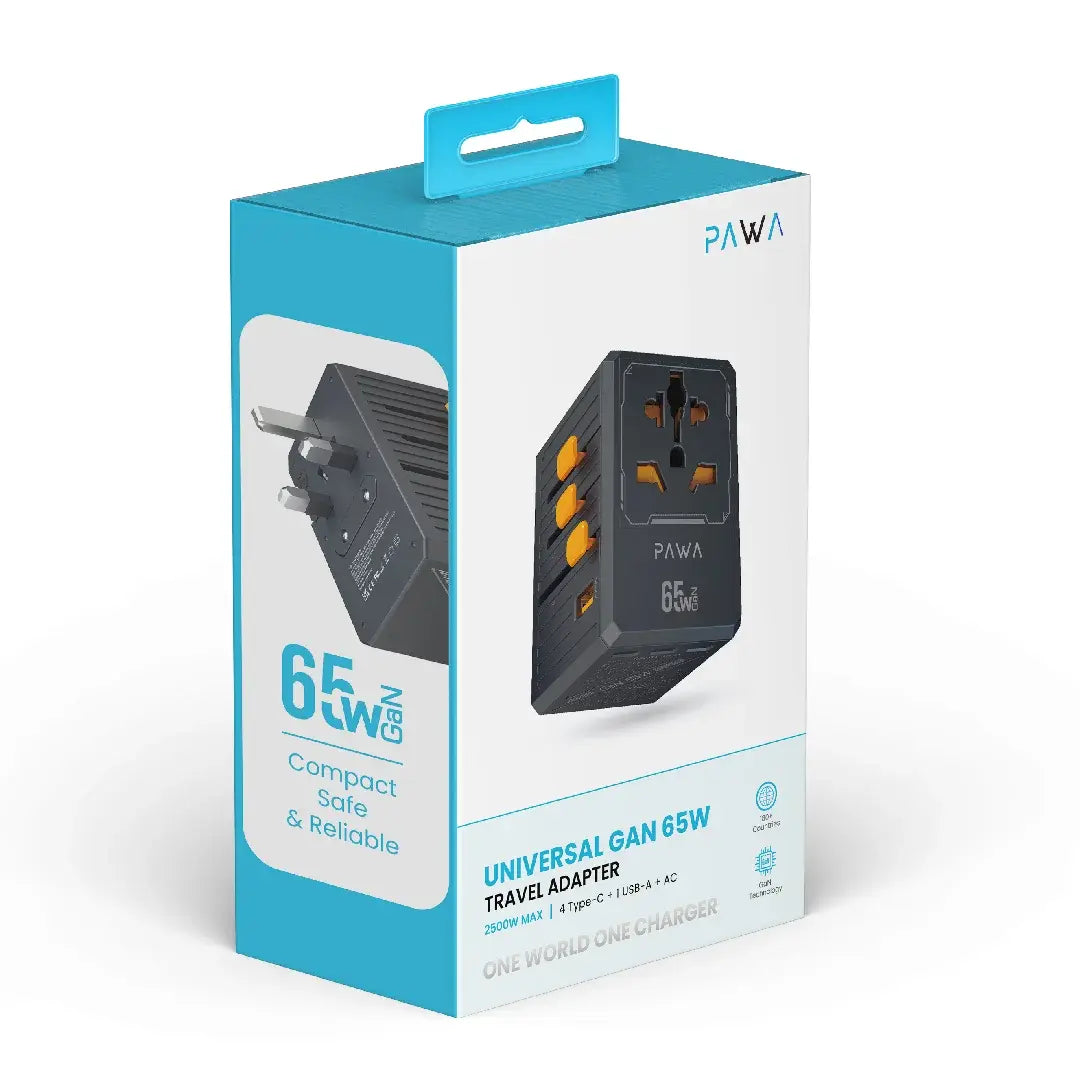 PW-TCUTA65W-BK | محول سفر باوا جان عالمي 65 واط 2500 واط - 4 منافذ من النوع C + منفذ USB-A + تيار متردد | أسود