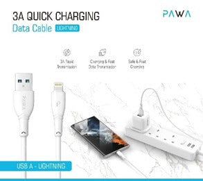 Pawa- PW-12PVCATOL-WH,Pawa USB-A to LIGHTNING 3A Quick Charging PVC Cable 1.2m/4ft,White