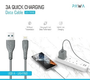 Pawa- PW-12PVCATOL-GY,Pawa USB-A to LIGHTNING 3A Quick Charging PVC Cable 1.2m/4ft,Grey