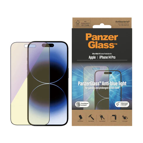 310103630، واقي شاشة PanzerGlass™ مضاد للضوء الأزرق لهاتف iPhone 14 Pro، ملائم للغاية مع EasyAligner - 2792