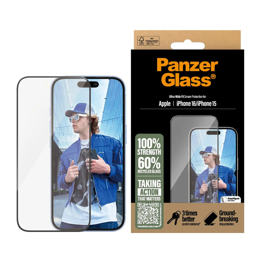 9000300476 | واقي شاشة PanzerGlass® لهواتف iPhone 16 و 15 | مقاس عريض للغاية