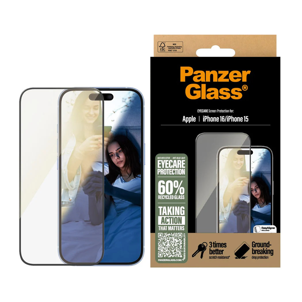 9000300492 | واقي شاشة PanzerGlass® EyeCARE™ لهواتف iPhone 16 و 15 | مقاس عريض للغاية
