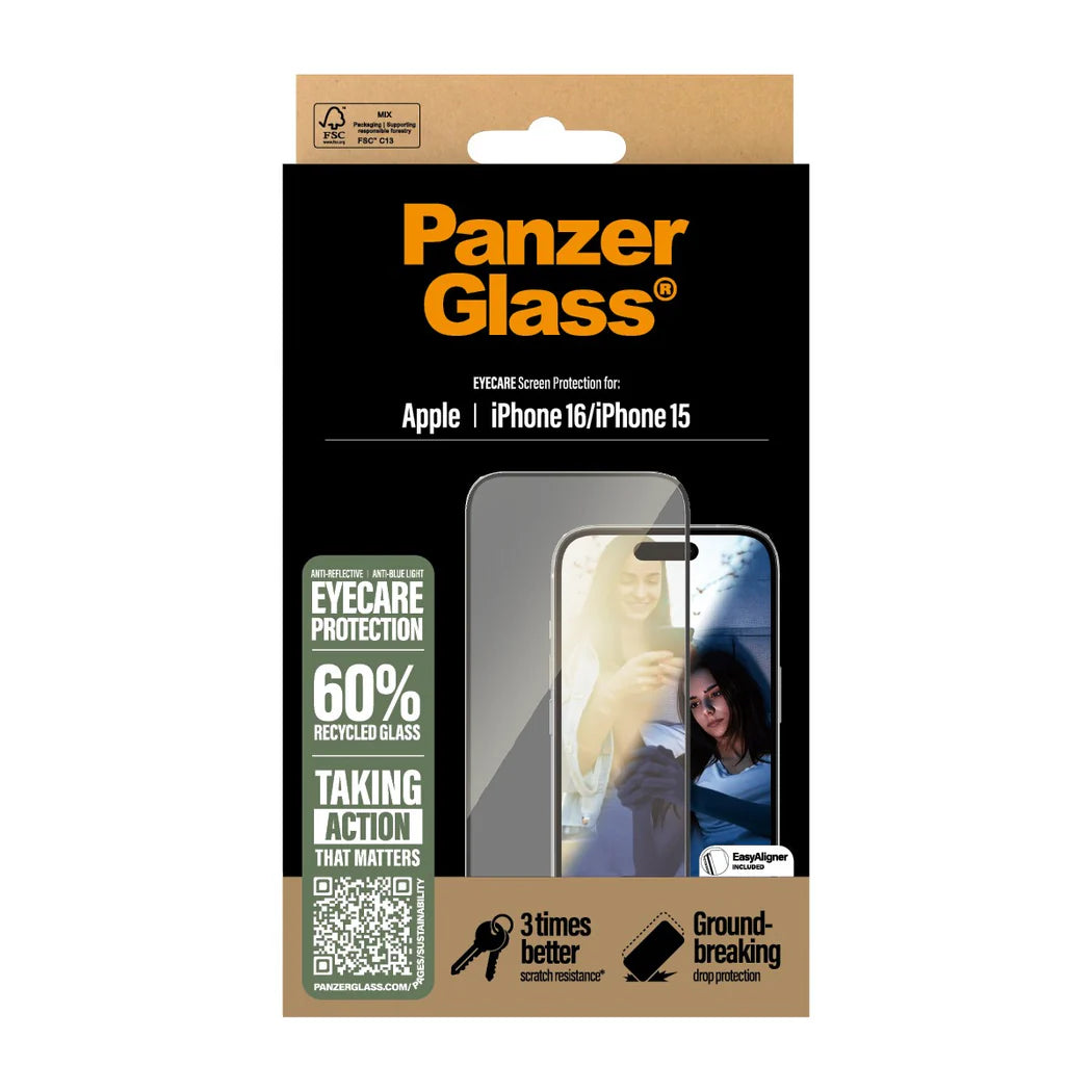 9000300492 | واقي شاشة PanzerGlass® EyeCARE™ لهواتف iPhone 16 و 15 | مقاس عريض للغاية