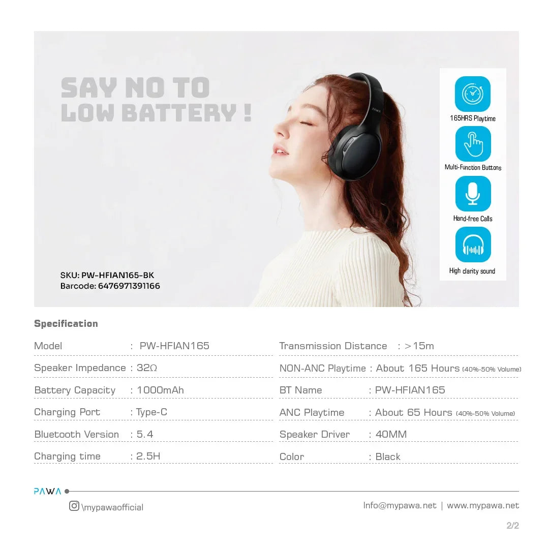 Pawa Infinite ANC Wireless Noise Cancelling Headphone 165HRS Playtime-Black ( PW-HFIAN165-BK)