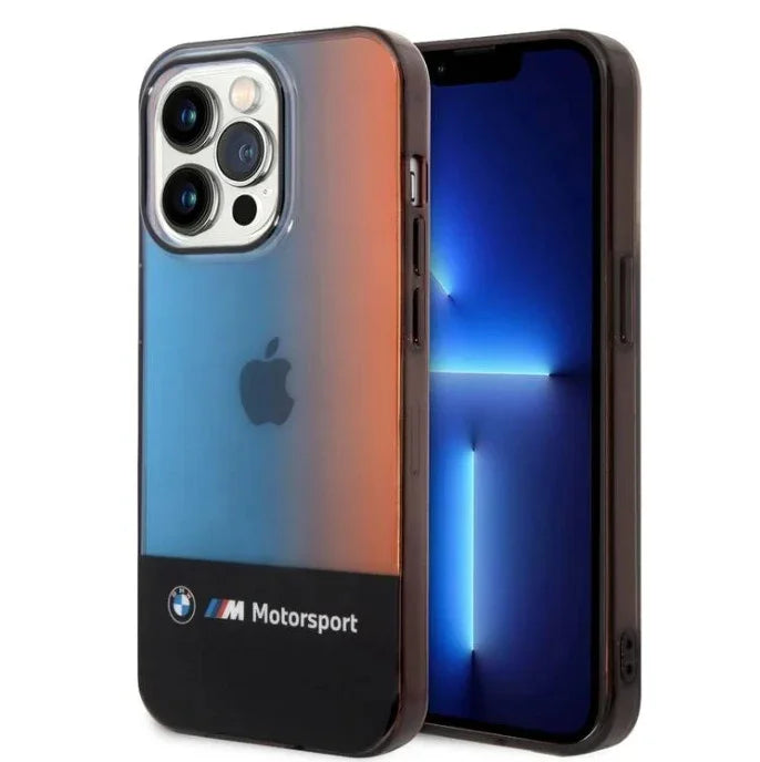 حافظة BMW Motorsport Collection PC/TPU IML مع شريط ثلاثي الألوان مطبوع عليه خطوط باهتة متوافقة مع iPhone 14 Pro - أسود