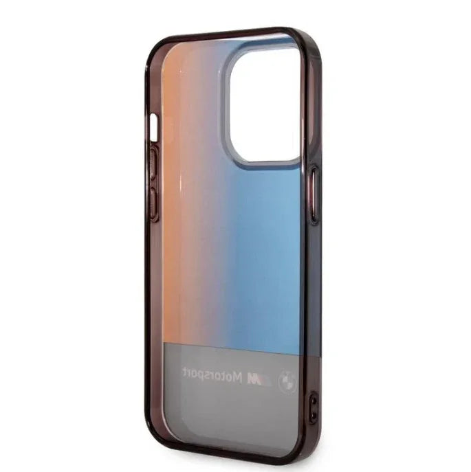 حافظة BMW Motorsport Collection PC/TPU IML مع شريط ثلاثي الألوان مطبوع عليه خطوط باهتة متوافقة مع iPhone 14 Pro - أسود