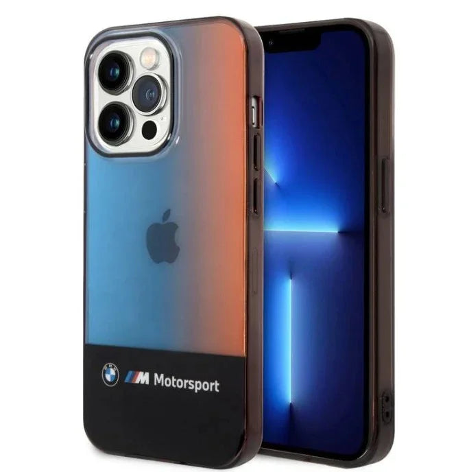 حافظة BMW Motorsport Collection PC/TPU IML مع شريط ثلاثي الألوان مطبوع عليه خطوط باهتة متوافقة مع iPhone 14 Pro - أسود