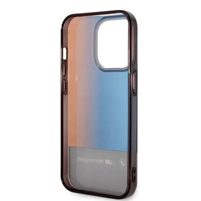 حافظة BMW Motorsport Collection PC/TPU IML مع شريط ثلاثي الألوان مطبوع عليه خطوط باهتة متوافقة مع iPhone 14 Pro - أسود