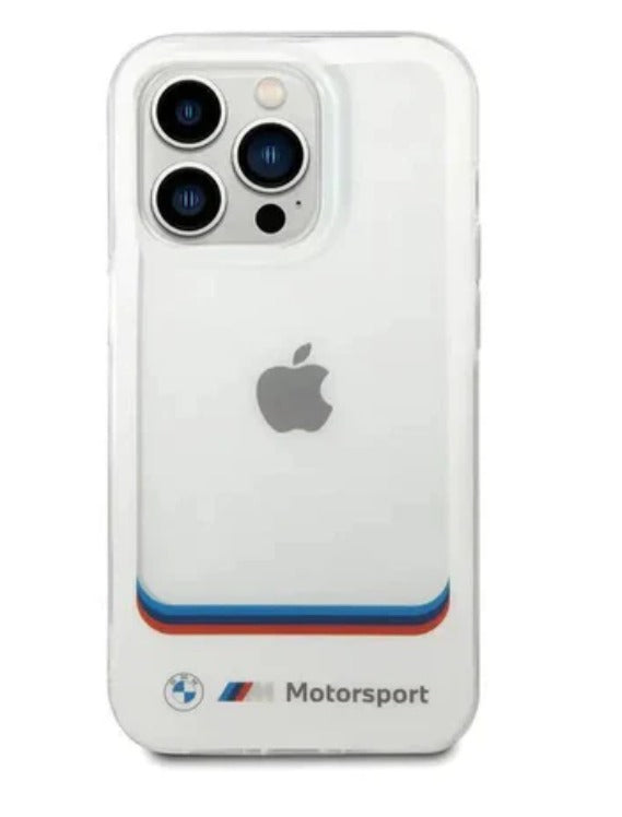BMW iPhone 14 Pro Motorsport Collection PC/TPU IML Case Big Square Transparent and Printed Bottom Logo - White