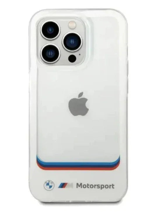حافظة BMW iPhone 14 Pro Motorsport Collection PC/TPU IML شفافة كبيرة مربعة الشكل مع شعار مطبوع في الأسفل - أبيض