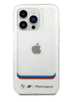 حافظة BMW iPhone 14 Pro Motorsport Collection PC/TPU IML شفافة كبيرة مربعة الشكل مع شعار مطبوع في الأسفل - أبيض