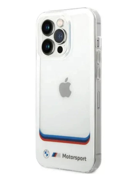 BMW iPhone 14 Pro Motorsport Collection PC/TPU IML Case Big Square Transparent and Printed Bottom Logo - White