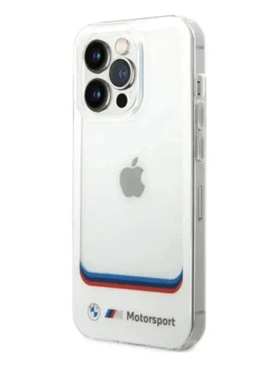 حافظة BMW iPhone 14 Pro Motorsport Collection PC/TPU IML شفافة كبيرة مربعة الشكل مع شعار مطبوع في الأسفل - أبيض