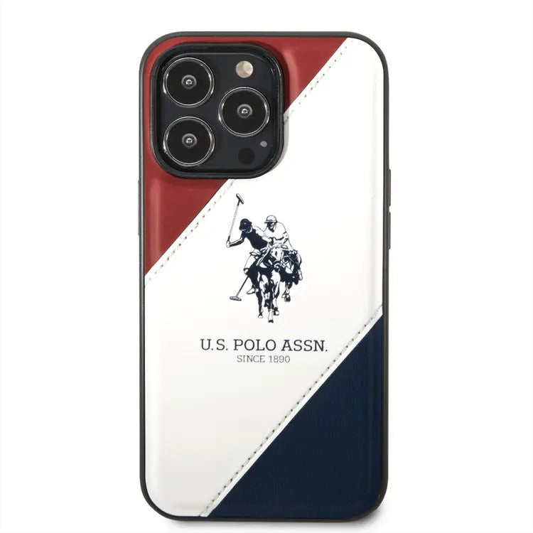 USPA PU Leather Case with Embossed Double Line & Horse Logo iPhone 14 Pro Compatibility - Red/White/Navy