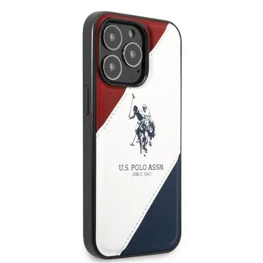 USPA PU Leather Case with Embossed Double Line & Horse Logo iPhone 14 Pro Compatibility - Red/White/Navy