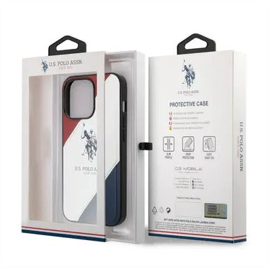 USPA PU Leather Case with Embossed Double Line & Horse Logo iPhone 14 Pro Compatibility - Red/White/Navy