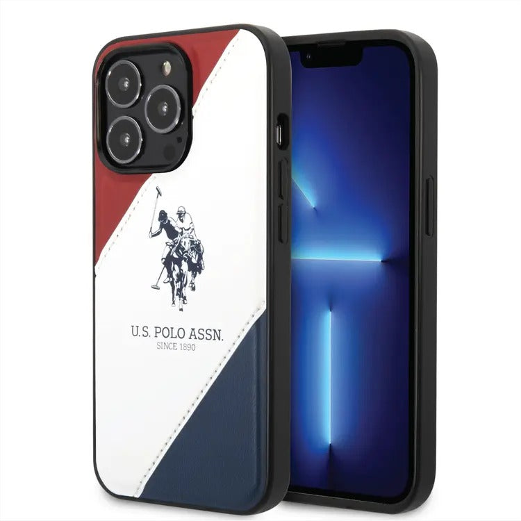 USPA PU Leather Case with Embossed Double Line & Horse Logo iPhone 14 Pro Max Compatibility - Red/White/Navy