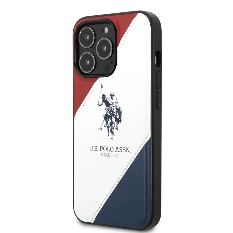 USPA PU Leather Case with Embossed Double Line & Horse Logo iPhone 14 Pro Max Compatibility - Red/White/Navy