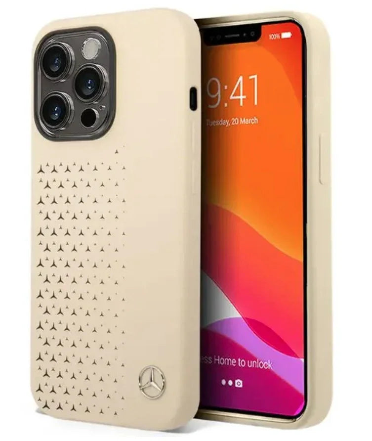 Mercedes-Benz iPhone 14 Pro Liquid Silicone Case with Gradient Star Horizontal Pattern - Beige
