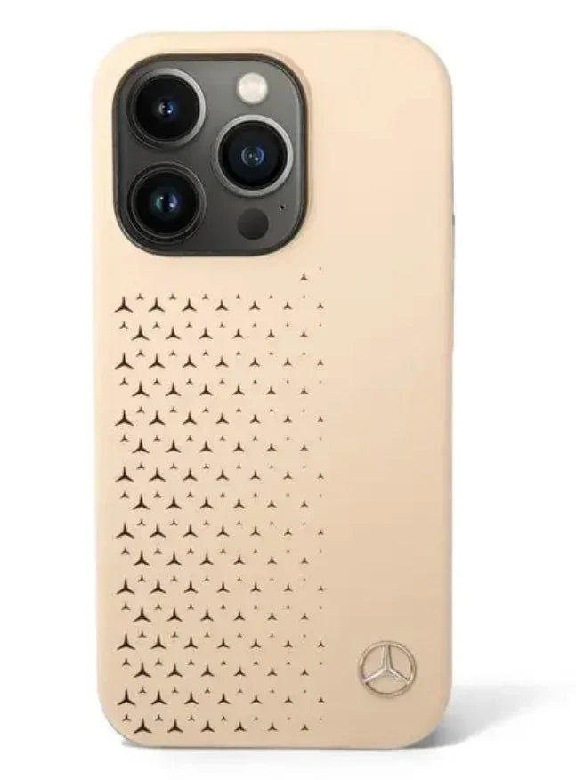 Mercedes-Benz iPhone 14 Pro Liquid Silicone Case with Gradient Star Horizontal Pattern - Beige