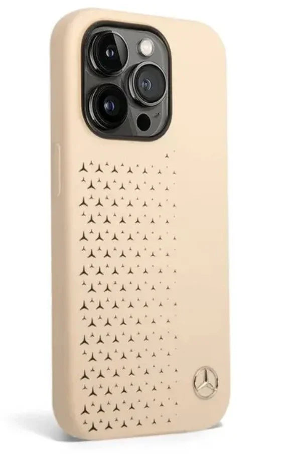 Mercedes-Benz iPhone 14 Pro Liquid Silicone Case with Gradient Star Horizontal Pattern - Beige