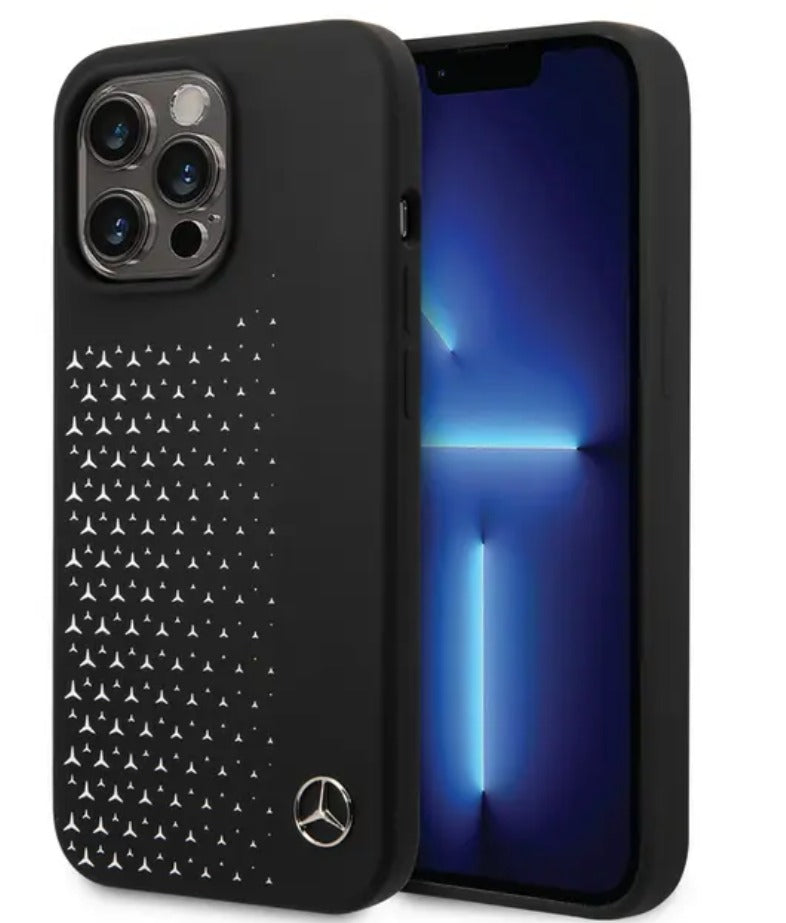 Mercedes-Benz iPhone 14 Pro Liquid Silicone Case with Gradient Star Horizontal Pattern - Black